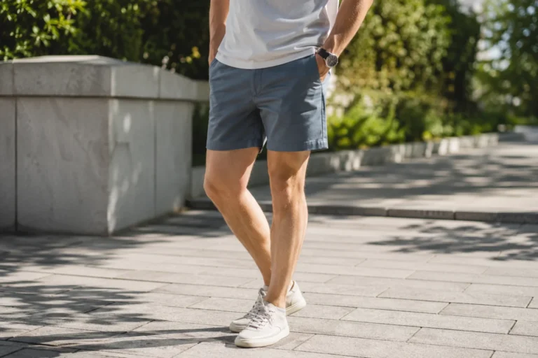 Mężczyzna w granatowych szortach i białych sneakersach podczas letniego spaceru w parku