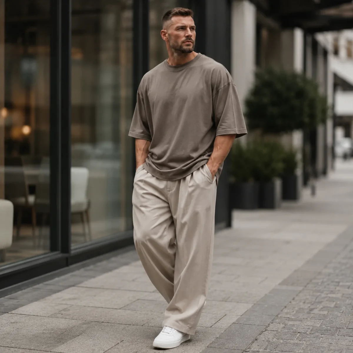 Postawny mężczyzna w czarnym T-shircie oversize i szerokich spodniach w miejskiej stylizacji