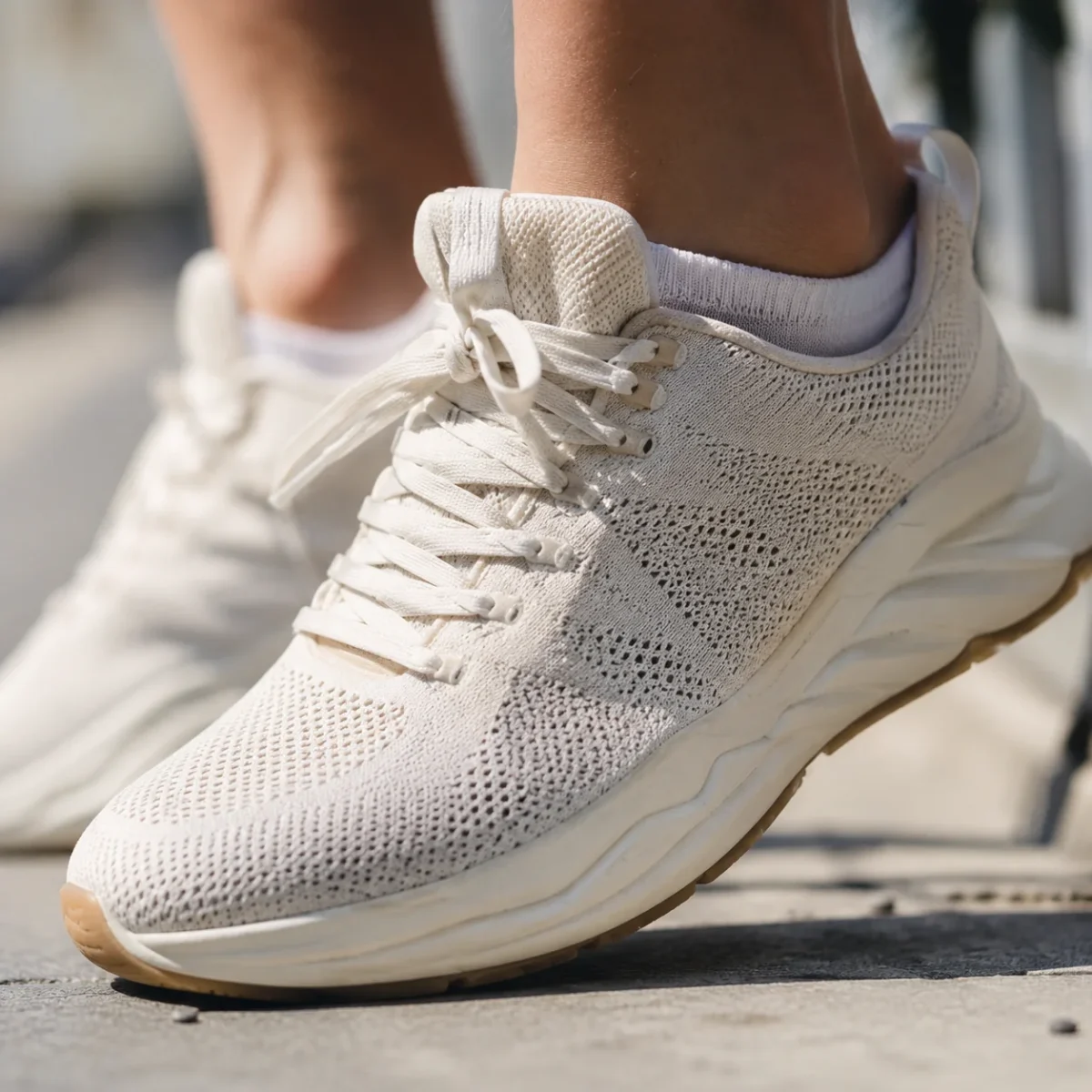 Makro zbliżenie na białe przewiewne sneakersy z siateczkową cholewką