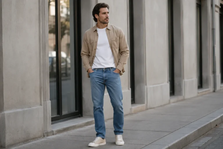 Mężczyzna w niebieskich jeansach straight fit i beżowej koszuli stojący na miejskim chodniku