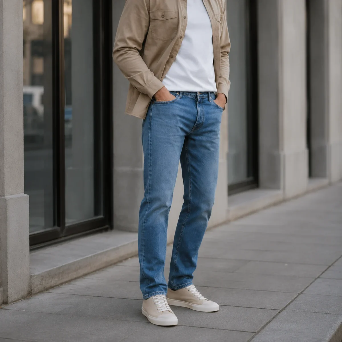 Zbliżenie na niebieskie jeansy straight fit z prostą nogawką i jasne sneakersy