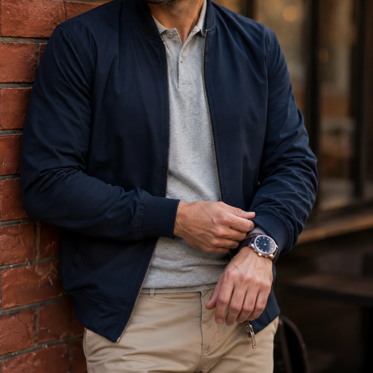 Detale granatowej kurtki bomber męskiej i stylizacji smart casual