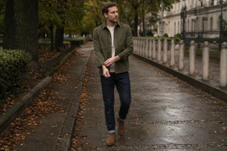 Mężczyzna w oliwkowym overshircie, jasnym T-shircie i jeansach podczas jesiennego spaceru