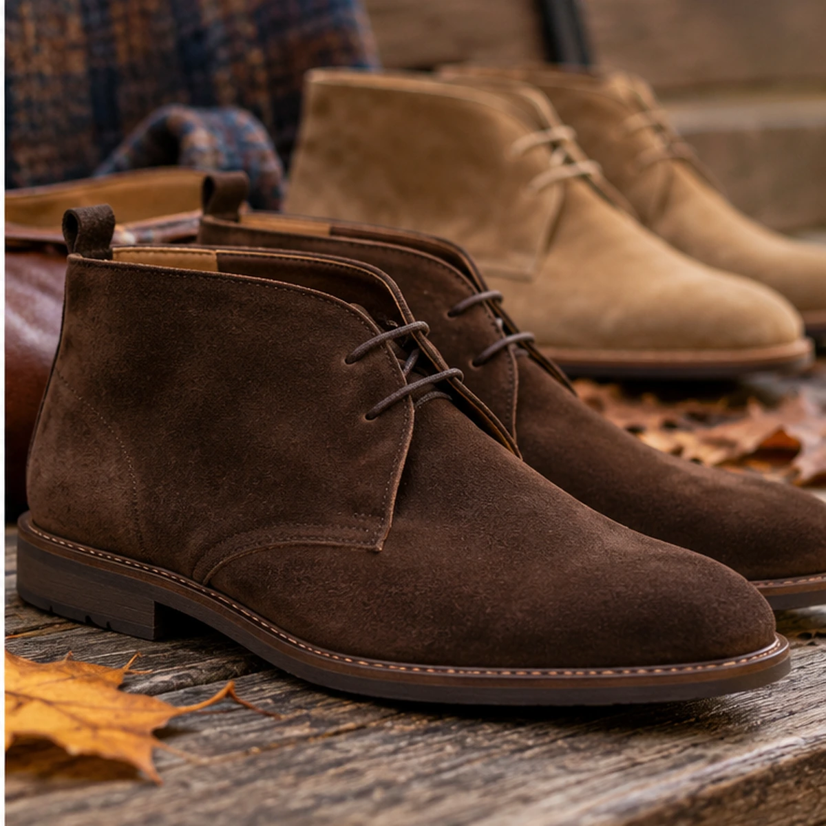 Ciemnobrązowe i jasnobrązowe zamszowe buty chukka w jesiennej aranżacji