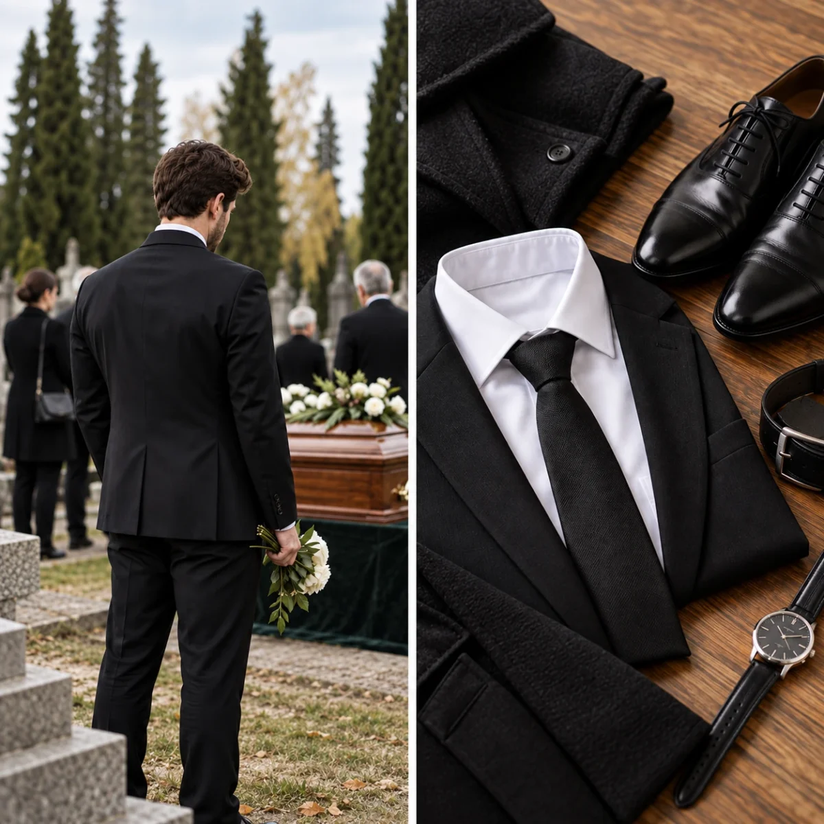 Biała koszula, czarny krawat, skórzany pasek i czarne eleganckie buty ułożone jako formalny zestaw.