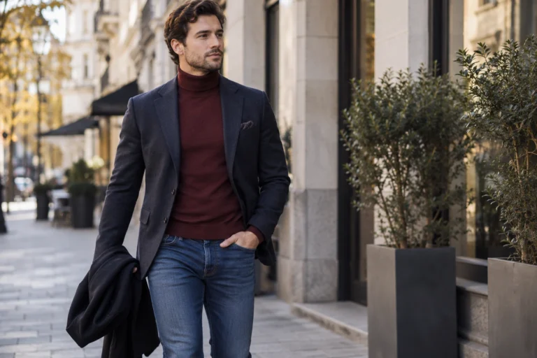 Mężczyzna w bordowym golfie, granatowej marynarce i jeansach w miejskiej stylizacji smart casual