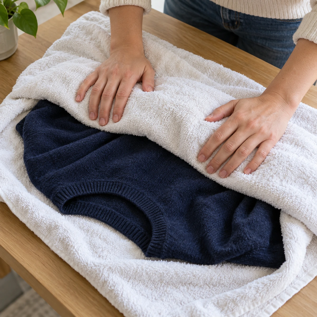 Granatowy sweter na białym ręczniku zwijanym przez dłonie.